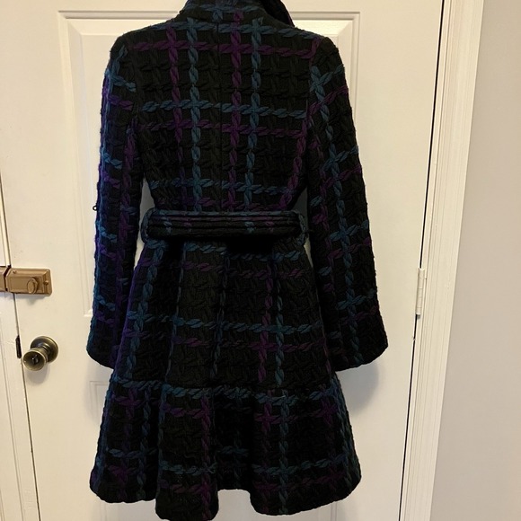 Sunner‎ Tweed Sz XS 2/4 Black Purple Green 100% Wool Mid-Length Coat Women's - Picture 6 of 11